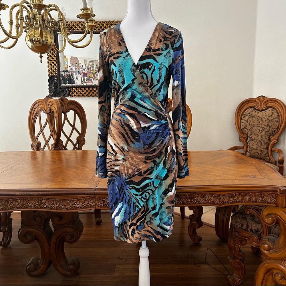 Cache Vibrant Blue and Brown Long Sleeve Dress Size M